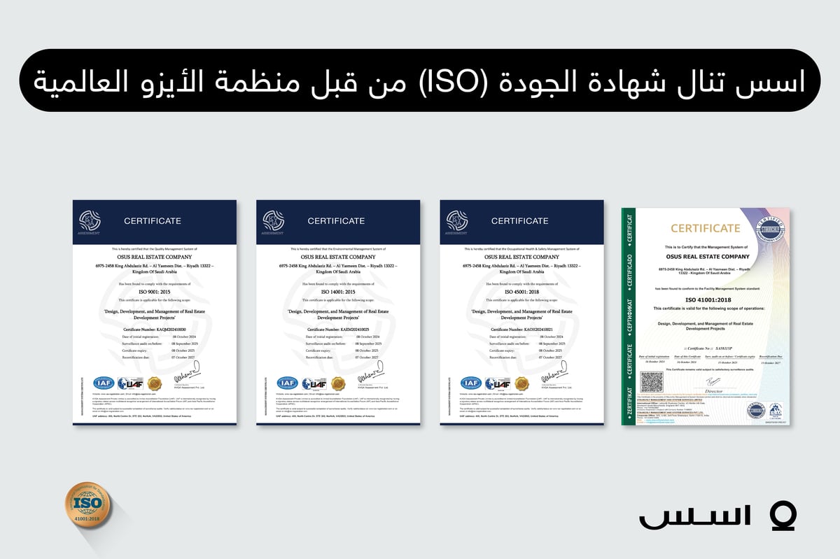 في السلامة المهنية وإدارة البيئة والمرافق.. “أُسس” تحصد شهادة ISO في الجودة